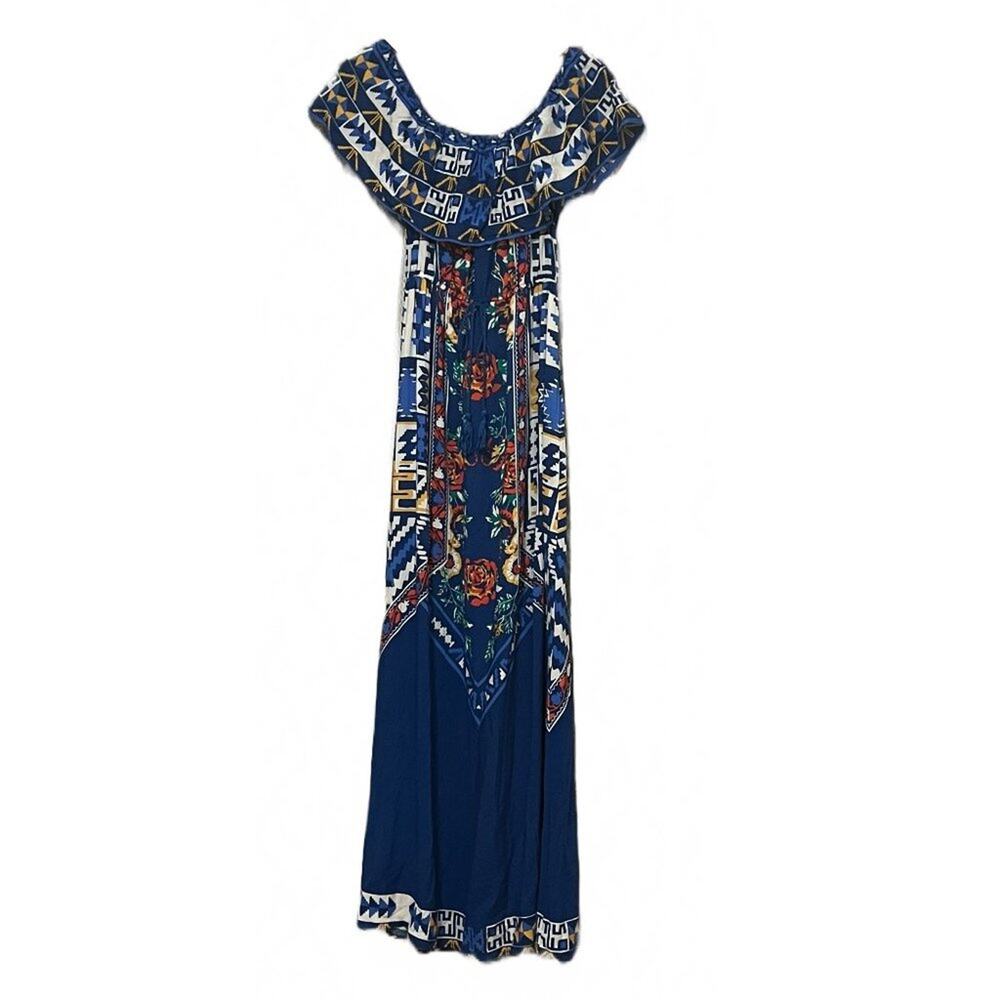 Anthroplogie Flying Tomato Blue Aztec Off the Shoulder Maxi Dress Size Small